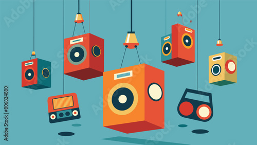 Dangling from the ceiling are vintage speakers adding to the retro aesthetic. Vector illustration