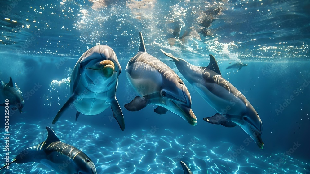 Fototapeta premium Pod of Delphinus delphis dolphins swimming in blue water for repeating pattern. Concept Delphinus delphis, dolphins, blue water, repeating pattern