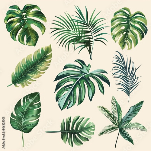 Tropical Leaves Collection on Ivory Background for Botanical Designs