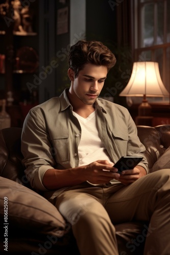 Handsome young man relaxing on couch and texting