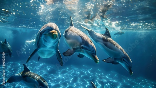 Pod of Delphinus delphis dolphins swimming in blue water for repeating pattern. Concept Delphinus delphis, dolphins, blue water, repeating pattern photo