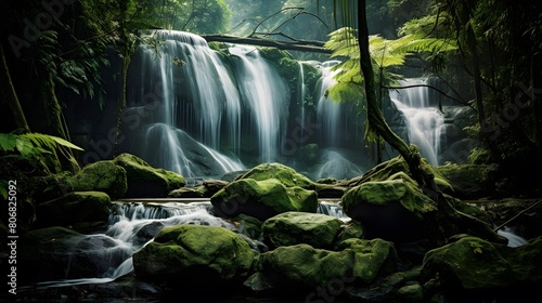 Beautiful waterfall in the forest. Panoramic view of a waterfall in the forest.