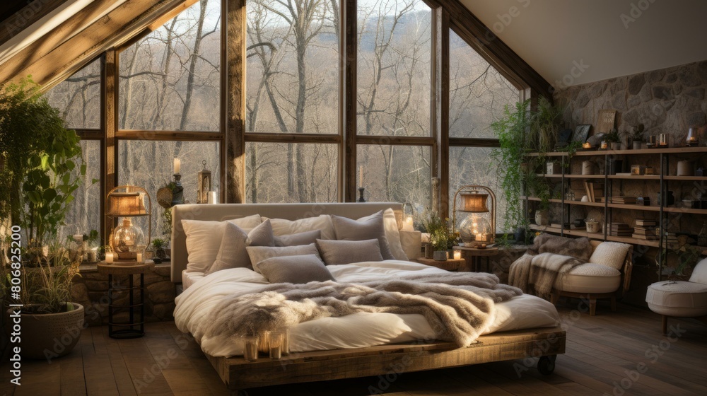 A cozy bedroom with a large bed, a fireplace, and a view of the forest
