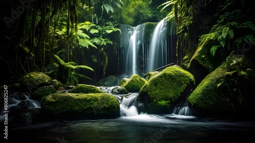 Panorama of a waterfall in a tropical rainforest with green moss