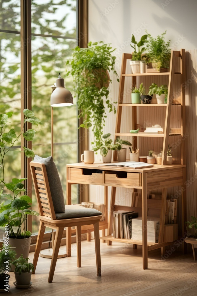 A wooden desk and chair in a home office with a large window and lots of plants