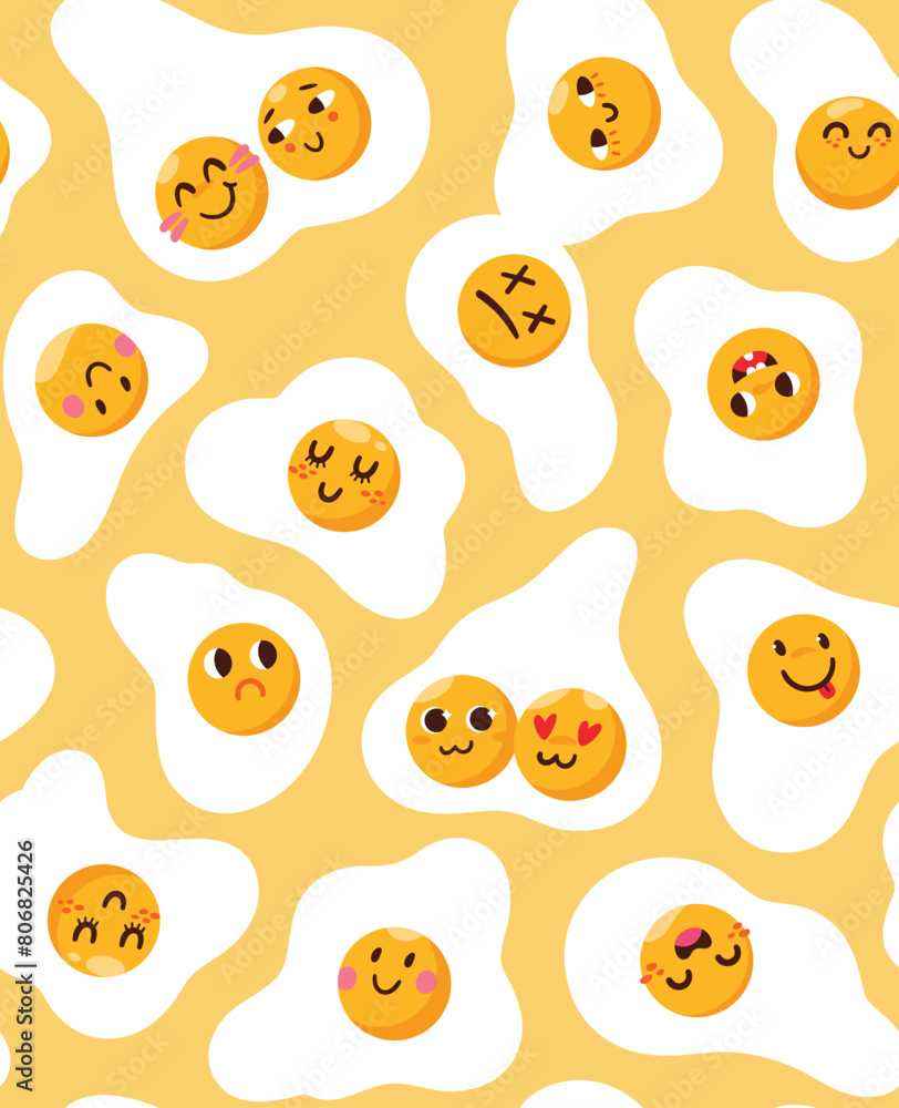 Seamless pattern with different cute emoji, funny omelettes Seamless pattern with different cute emoji, funny omelettes