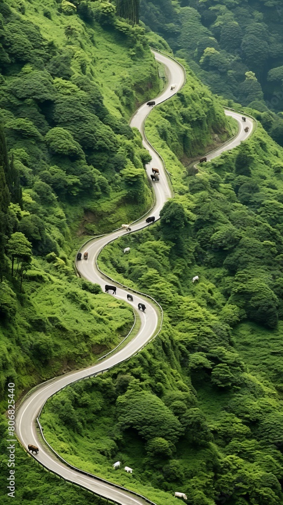 Herd of Cattle Walking Along a Mountain Road Herd of Cattle Walking Along a Mountain Road