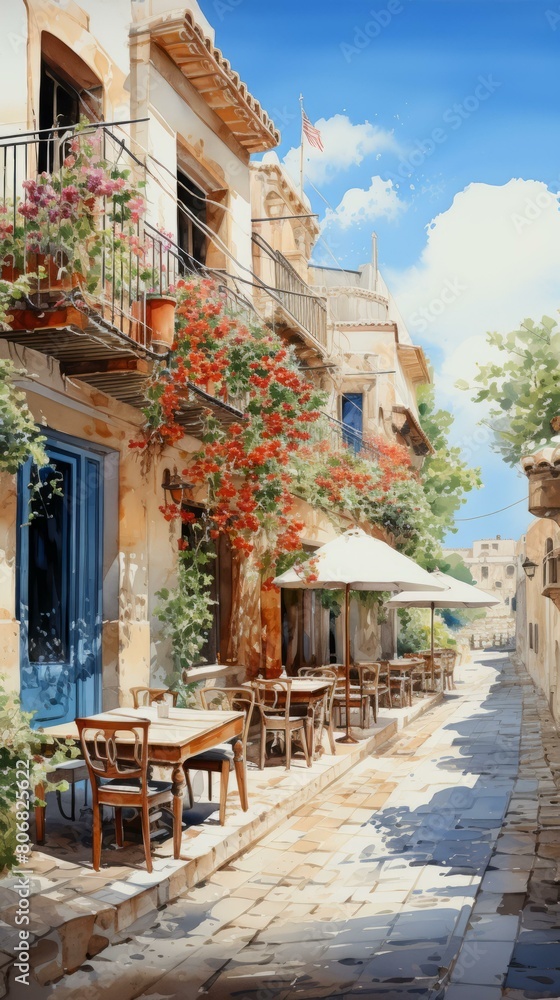 Fototapeta premium European style buildings with flowers and outdoor dining area