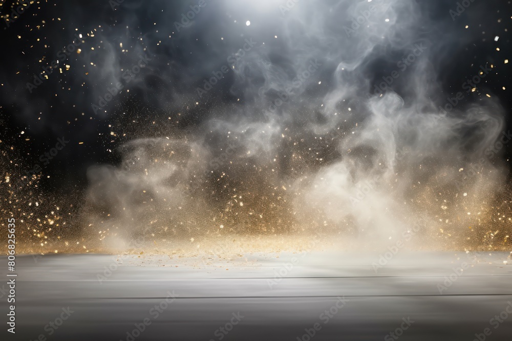 Silver smoke empty scene background with spotlights mist fog with gold glitter sparkle stage studio interior texture for display products blank 