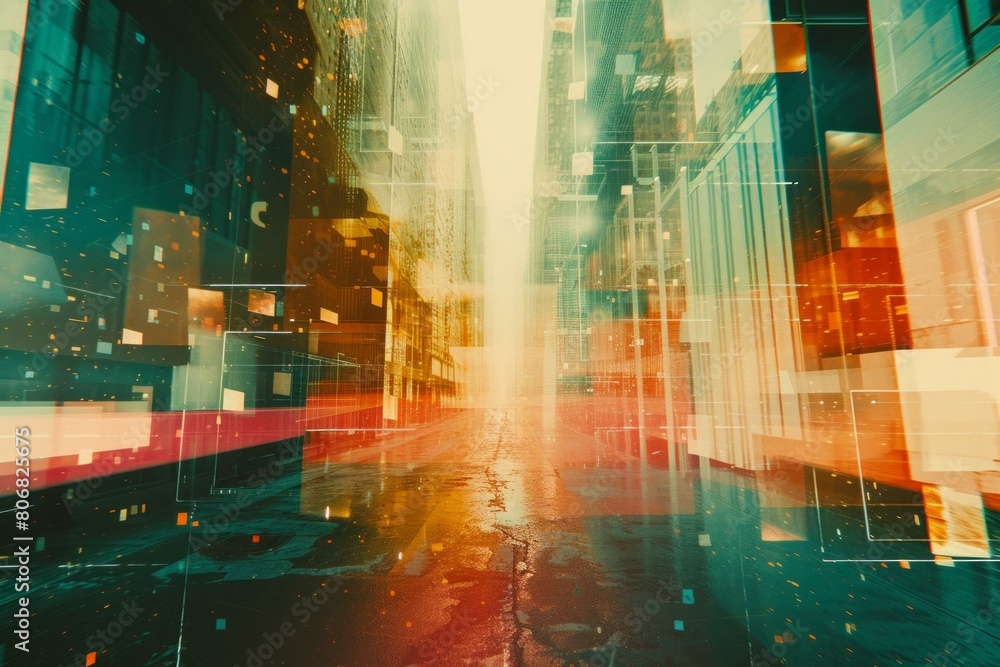 Obraz premium Cityscape with skyscrapers and glowing lights