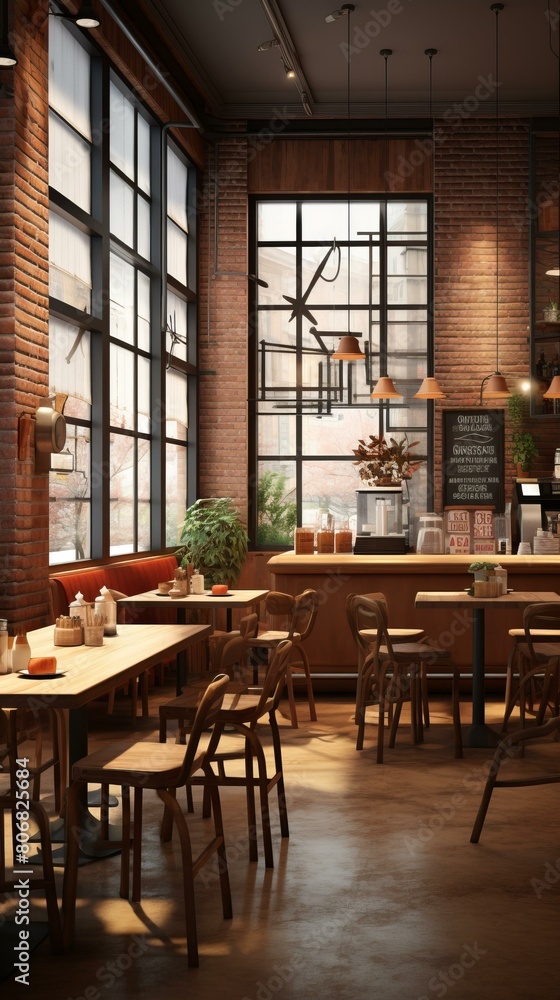 cozy coffee shop interior with brick walls and large windows
