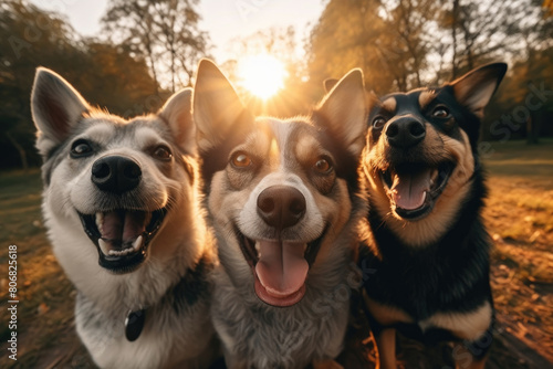 A trio of dogs  of varying breeds  standing side by side in a row  looking alert and attentive