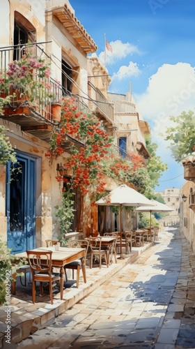 European style buildings with flowers and outdoor dining area