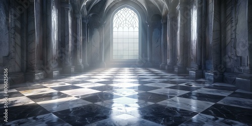 Black and white marble floor with large gothic window