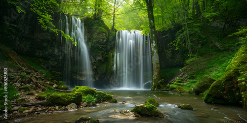 Waterfall in the Forest Surrounded by Lush Greenery  Tranquil Stream Flowing Through Woods  Serene Nature Landscape with Cascading Water  Generative AI  