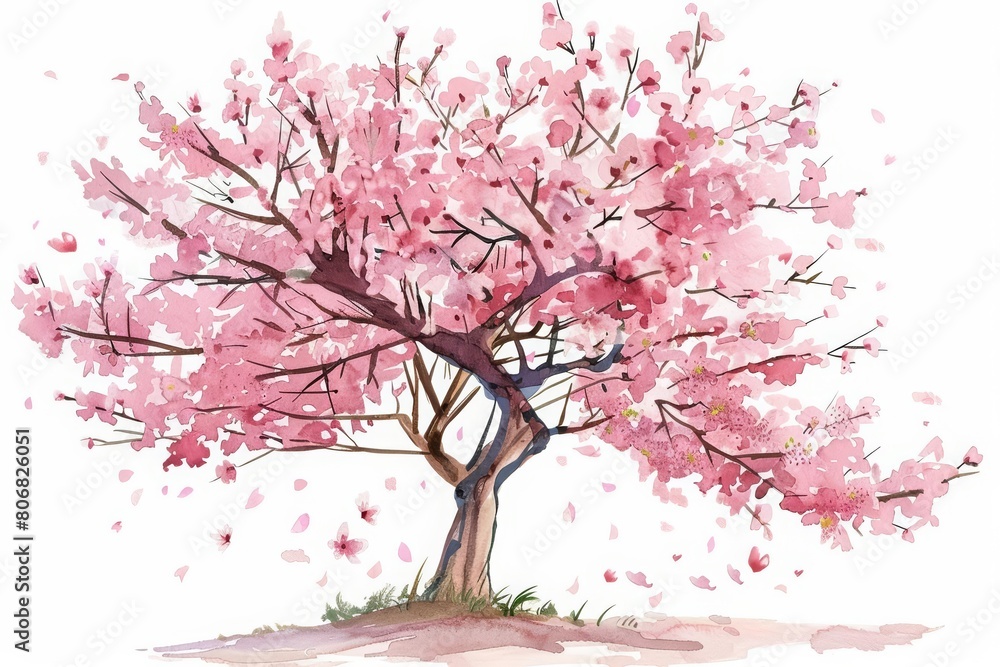 A kawaii watercolor of a cherry blossom tree, simple clipart isolated white background