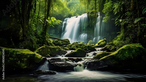 Waterfall in deep forest. Panoramic view of waterfall in deep forest.