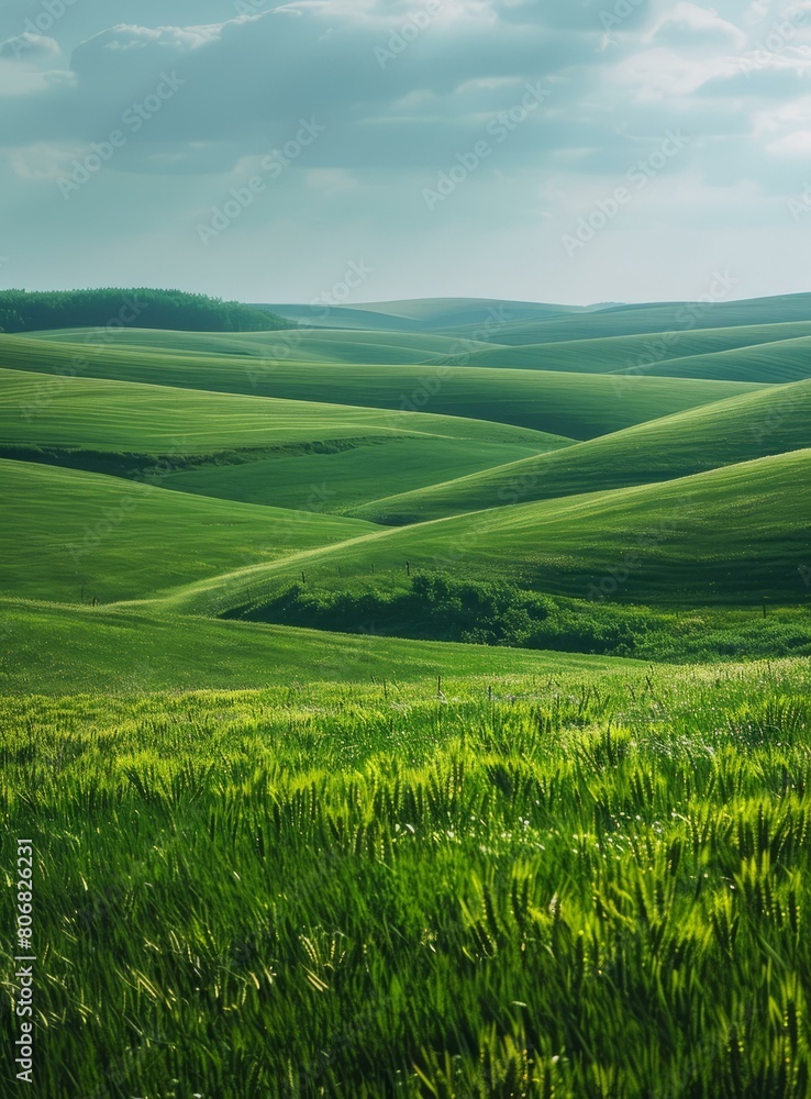Green rolling hills of wheat field under blue sky and white clouds Green rolling hills of wheat field under blue sky and white clouds