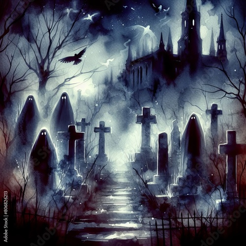  Moody abstract watercolor haunted graveyard with ghostly appari photo