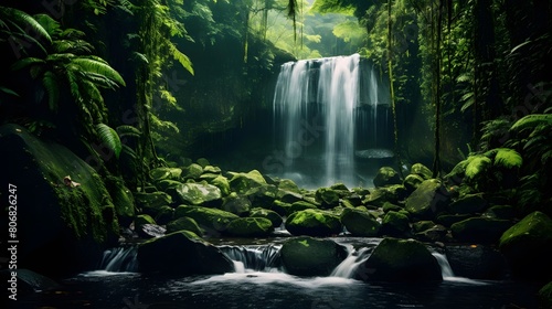 Panoramic view of beautiful waterfall in tropical forest. Nature background © Michelle
