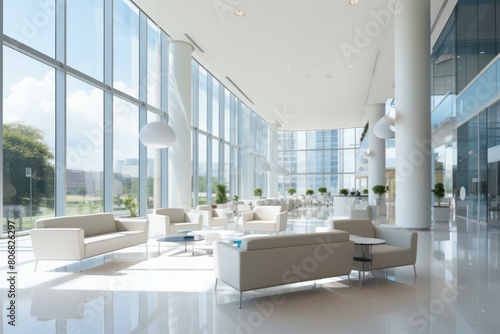 Modern bright and airy office lobby with comfortable seating © Adobe Contributor