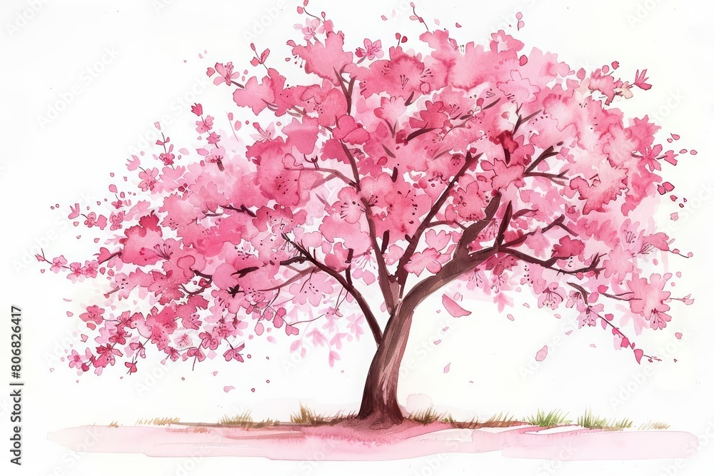 A kawaii watercolor of a cherry blossom tree, simple clipart isolated white background