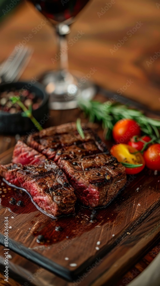 Beef steak with tomatoes and rosemary on a wooden board Beef steak with tomatoes and rosemary on a wooden board