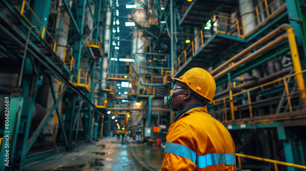 African male engineer with a hard hat inspecting machinery in a large industrial factory.