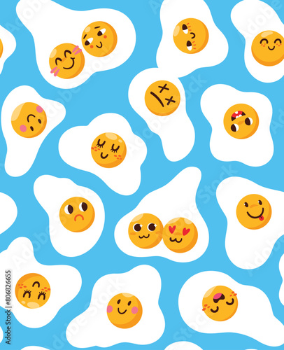 Seamless pattern with different cute emoji, funny omelettes