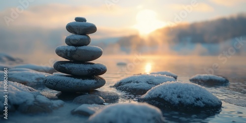 Stones stacked on a frozen lake at sunrise