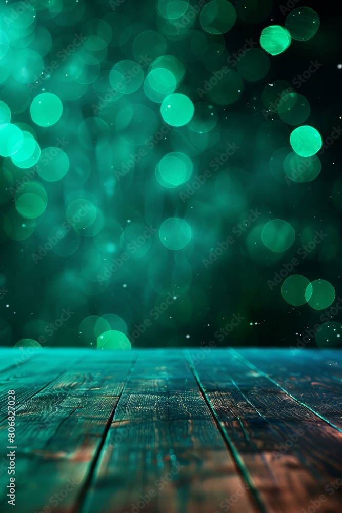 Green wooden table with blurred green bokeh lights background