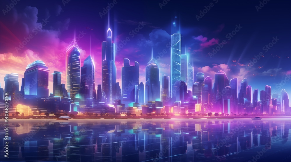 A vibrant cityscape illuminated by neon lights at night