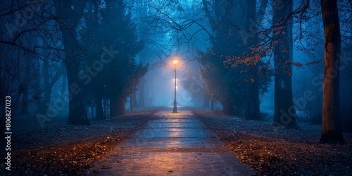 Foggy path in the park at night