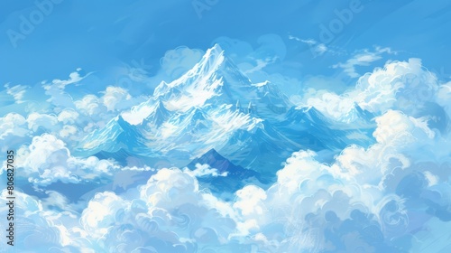  A mountain painting with clouded foreground and blue, white- speckled backdrop