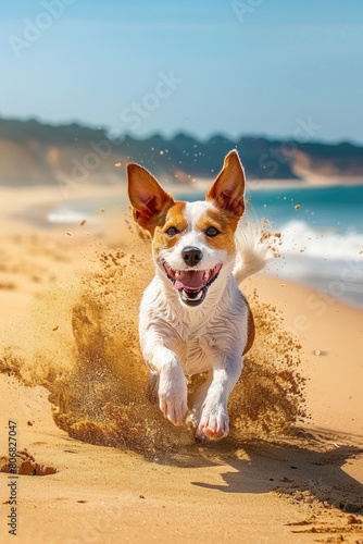 A brown and white dog energetically runs on top of a sandy beach, leaving paw prints in its wake © sommersby