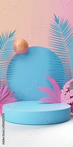 3D rendering of a blue podium with a pink and blue background and palm leaves