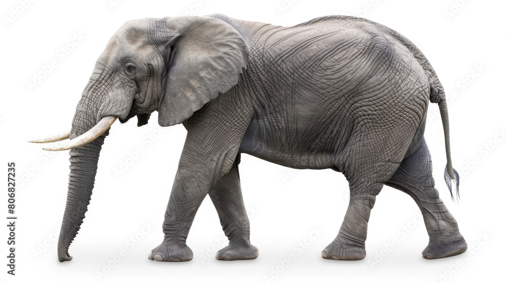 A majestic elephant with tusks is strolling on a plain white background, showcasing its powerful stride and iconic features
