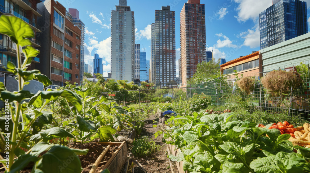 A vibrant garden filled with numerous plants, flowers, and trees, with various buildings visible in the background A vibrant garden filled with numerous plants, flowers, and trees, with various buildings visible in the background
