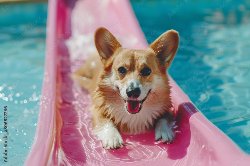 cheerful smiling corgi pembroke dog  sliding down the pink water slide to the pool on vacation. Dog friendly hotel resort.