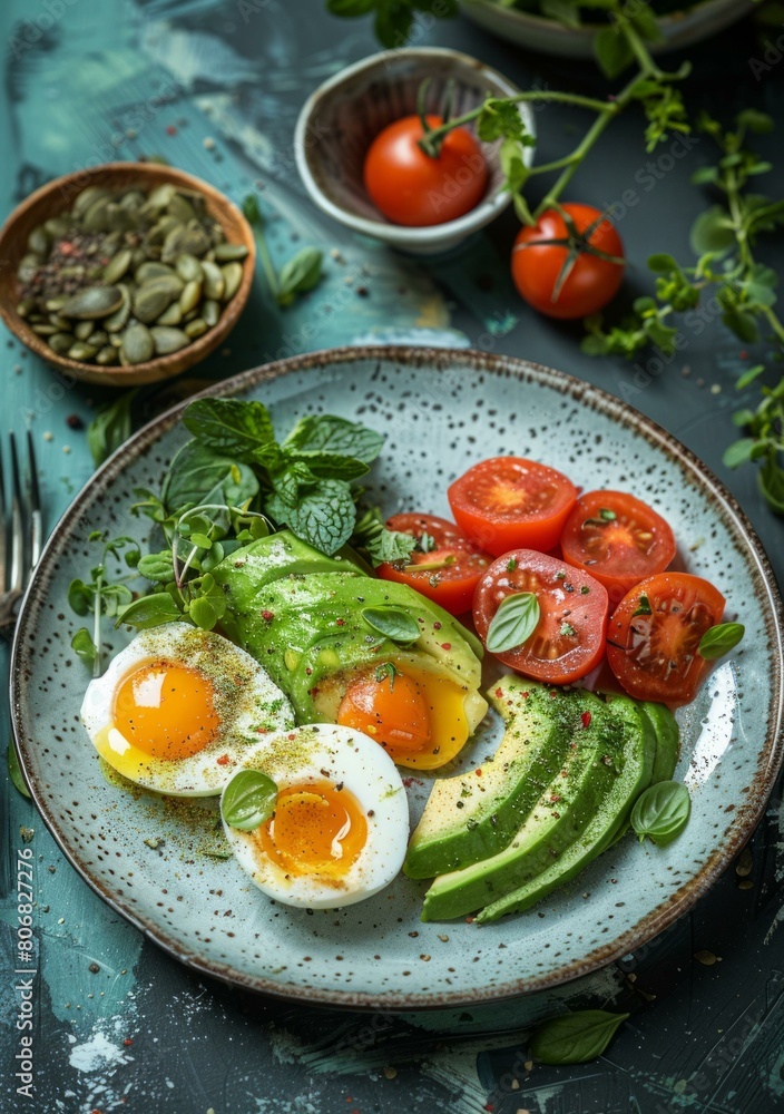 Healthy breakfast of avocado, boiled egg and tomatoes Healthy breakfast of avocado, boiled egg and tomatoes