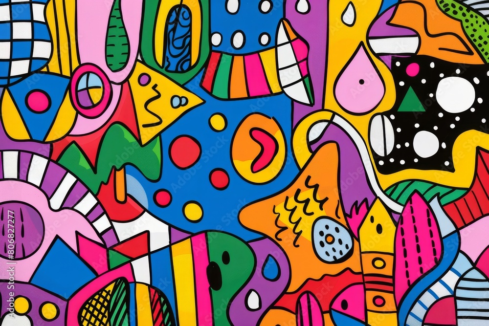 A front cover for a colouring book for toddlers called Shape and Pattern Playground, full of different shapes with various patterns within the shapes