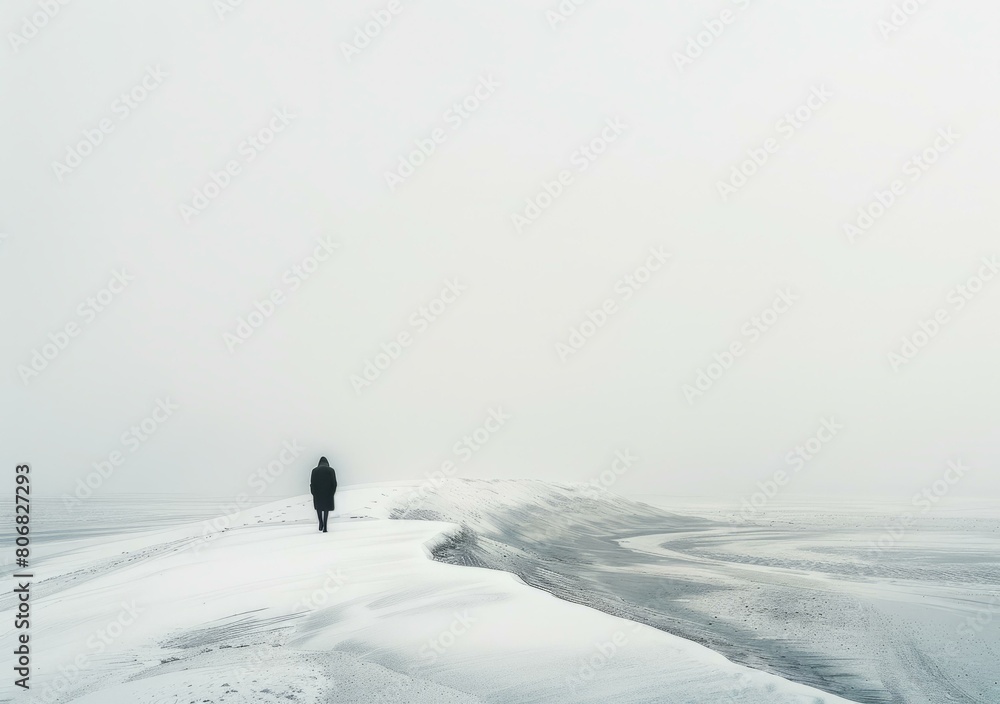 Obraz premium Man walking alone in snow field