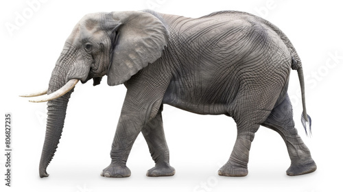 A majestic elephant with tusks is strolling on a plain white background  showcasing its powerful stride and iconic features