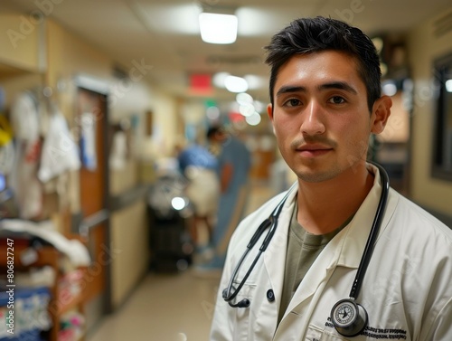 Portrait of a Hispanic male doctor in a hospital hallway