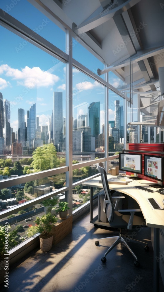 Fototapeta premium A modern office with a view of the city