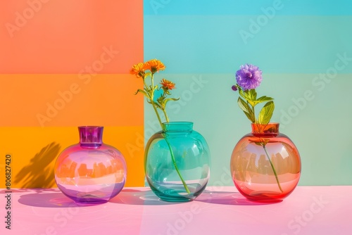 colorful vases of different shapes on vibrant color background. Diversity and variety concept. Artistic creative expression.