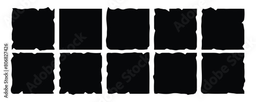 Set of grunge jagged rectangle shape. Black torn paper sheet for sticker, collage, banner isolated with white artboard.123.