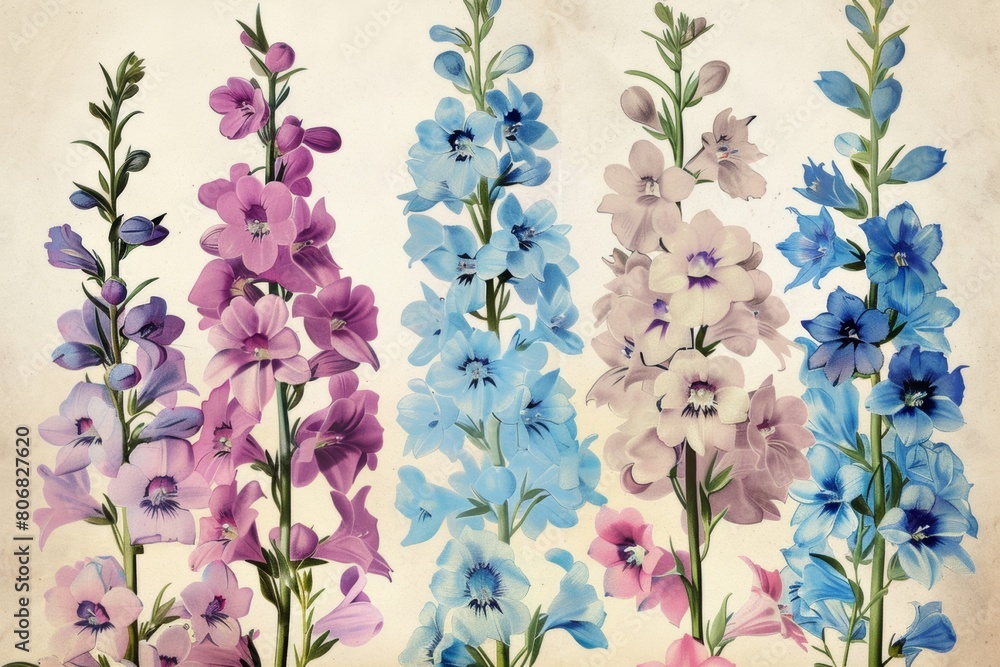 blu, purple and pink  delphinium flower retro  vintage botanical illustration with copy space left