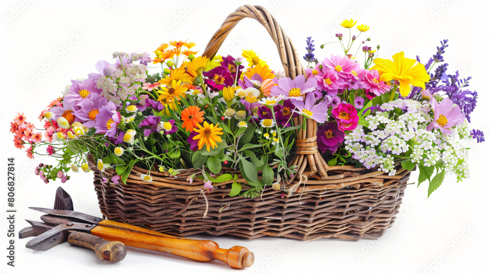 Colorful flowers in wicker basket with garden
