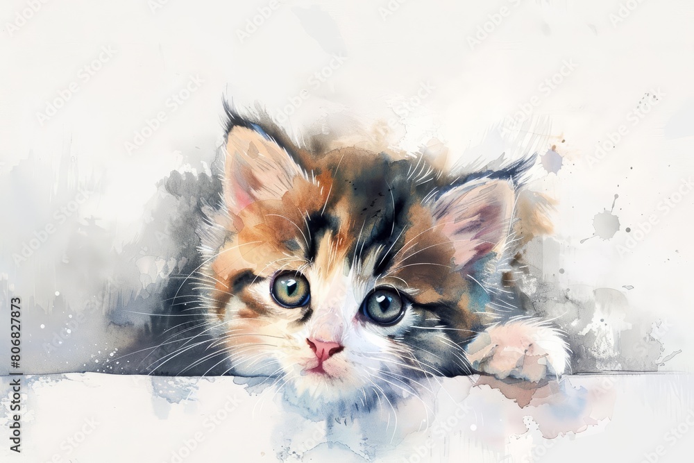 A kawaii watercolor of a playful kitten, its eyes gleaming with curiosity, on an isolated minimal with white background A kawaii watercolor of a playful kitten, its eyes gleaming with curiosity, on an isolated minimal with white background